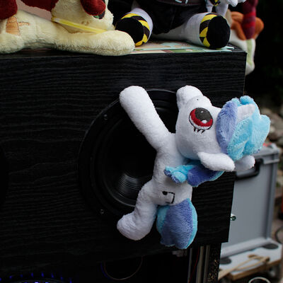 Vinyl Scratch hogging the base cannon. (Well, one of the tweeters is all that this small one can manage.)